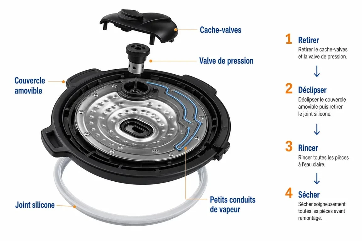 Nettoyage couvercle Cookeo avec schéma des pièces amovibles, joint silicone et valves