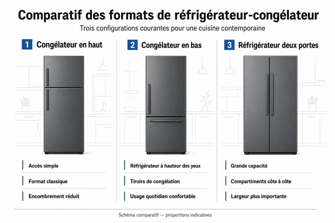 Comparatif des formats de frigidaire congélateur avec congélateur en haut, en bas et deux portes