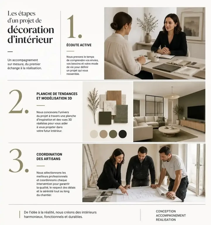 Les étapes clés d'un projet de décoration d'intérieur, de la conception à la réalisation.