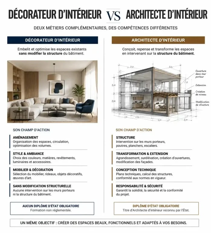 Tableau comparatif entre décorateur d'intérieur et architecte d'intérieur pour comprendre les différences de missions.