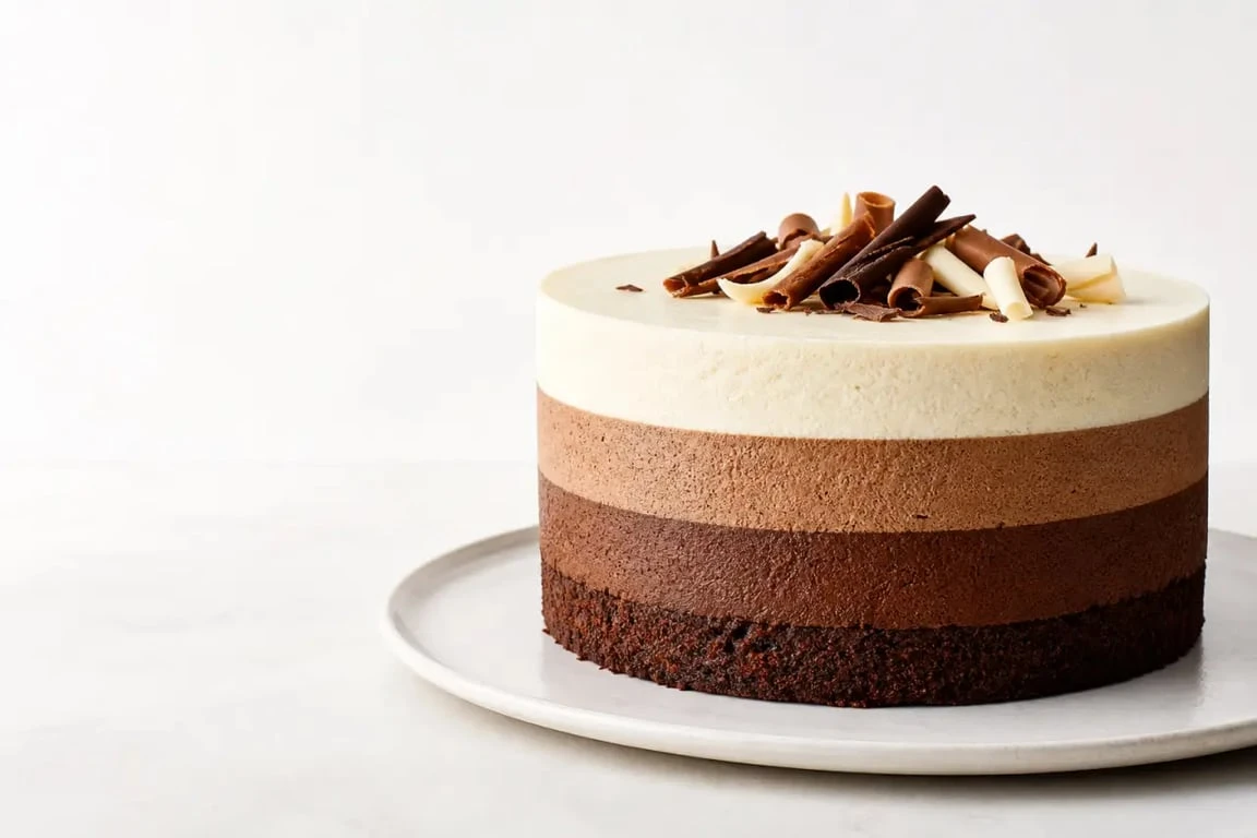 Gâteau 3 chocolats net à la découpe, dessert de fête gourmand avec trois couches distinctes