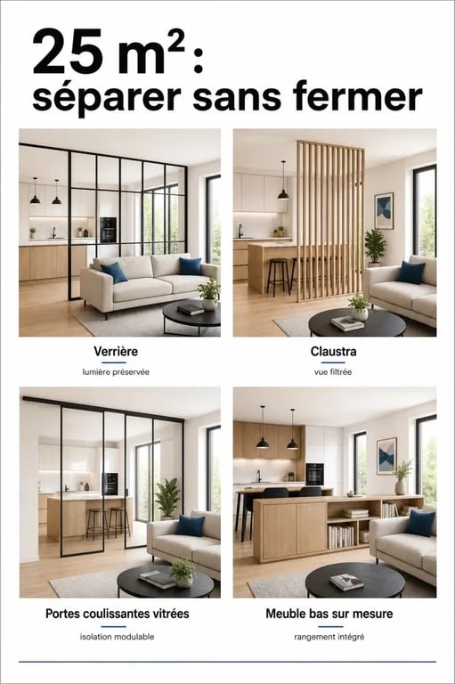 Cuisine ouverte sur salon 25m2 : verrière, claustra, portes coulissantes et meuble bas