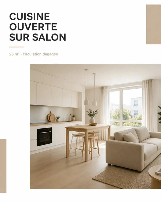 Cuisine ouverte sur salon 25m2 avec circulation dégagée et table intermédiaire
