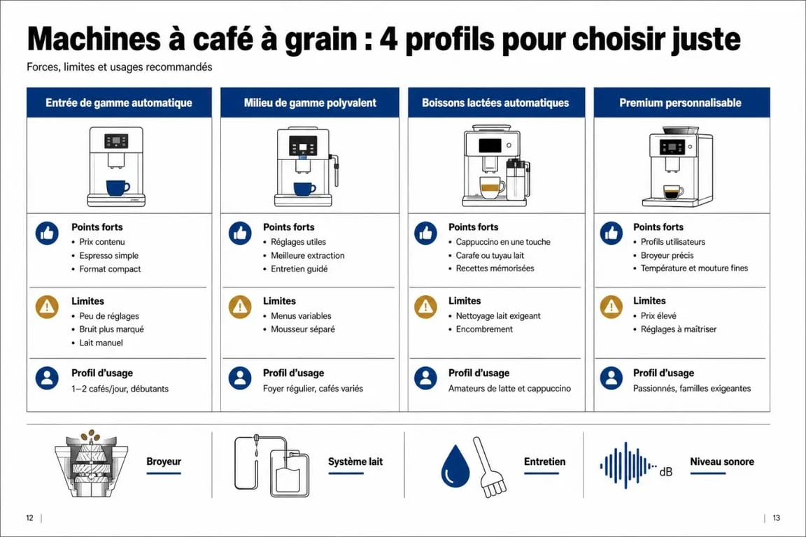 Comparatif machines a cafe grain illustrant les principaux profils de machines et leurs différences