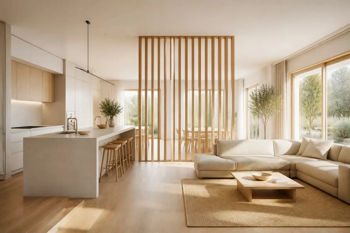 Séparer cuisine du salon avec un claustra en bois ajouré dans un intérieur lumineux