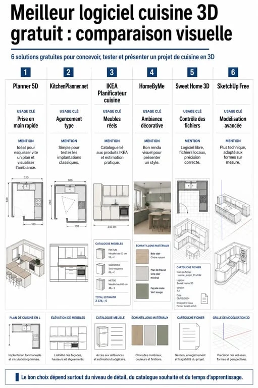 Comparatif du meilleur logiciel cuisine 3d gratuit pour choisir entre Planner 5D, KitchenPlanner.net, IKEA, HomeByMe, Sweet Home 3D et SketchUp Free