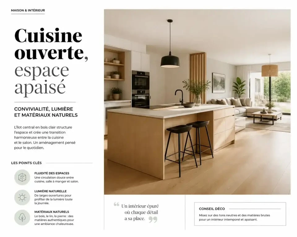 Aménagement d'une cuisine ouverte sur le salon avec îlot central