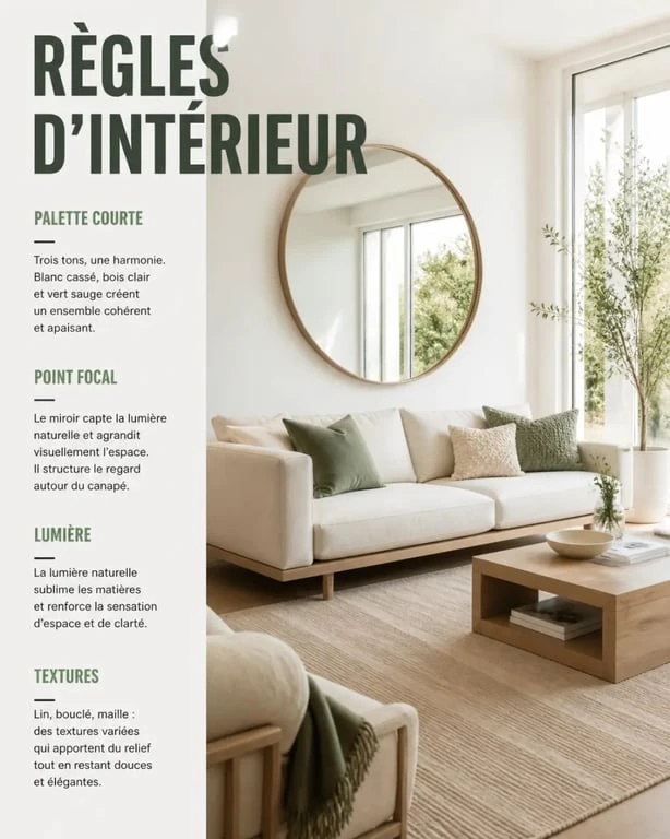 Décoration interieur d'un salon équilibré avec tapis, miroirs et coussins