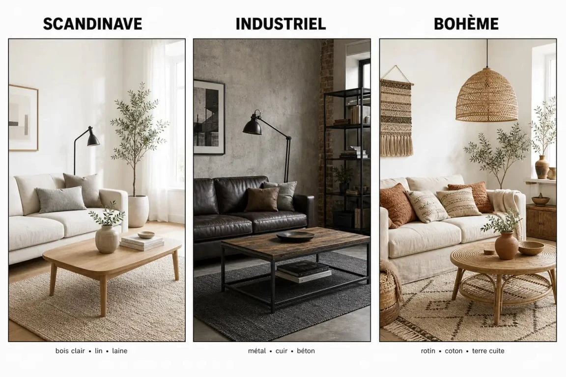 Décoration interieur : comparaison visuelle des styles scandinave, industriel et bohème