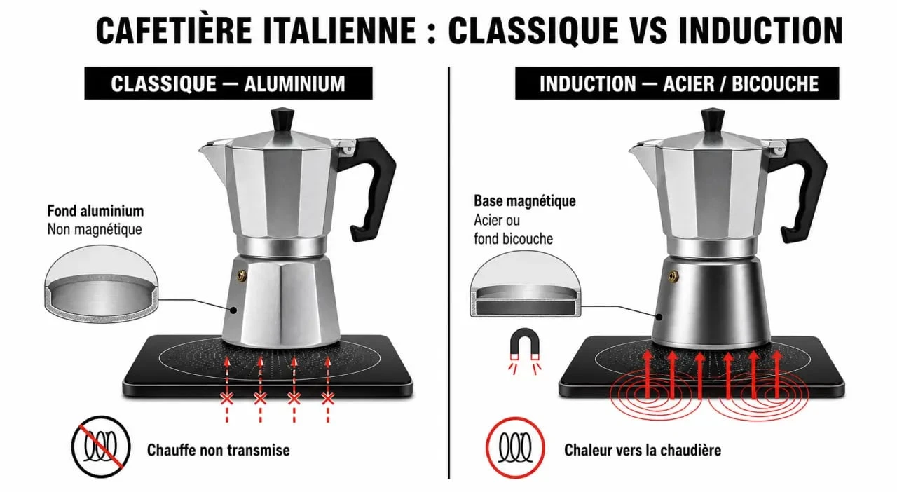 Cafetière italienne pour induction comparée à une moka classique avec base compatible induction