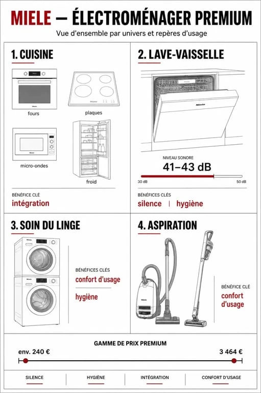 Infographie électroménager Miele : catégories, niveaux sonores et prix observés