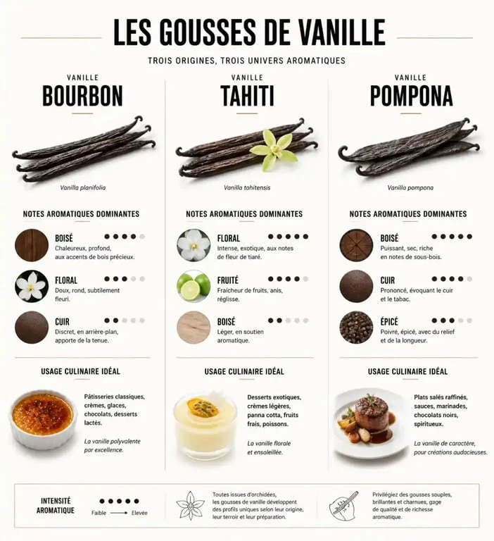 Infographie comparative des variétés de gousses de vanille : Bourbon, Tahiti et Pompona