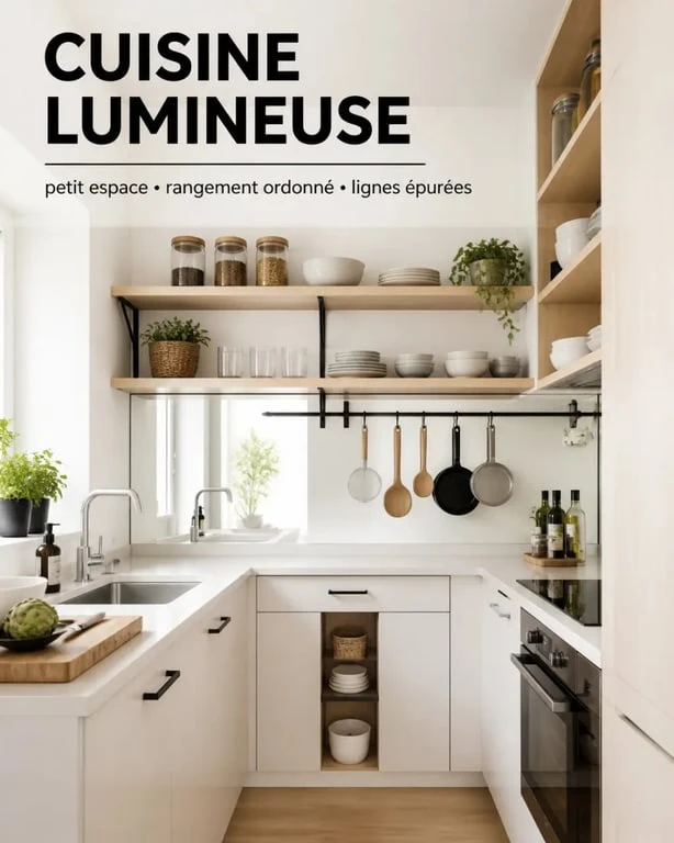 Cuisine deco lumineuse pour petite pièce avec crédence miroir et rangements ordonnés