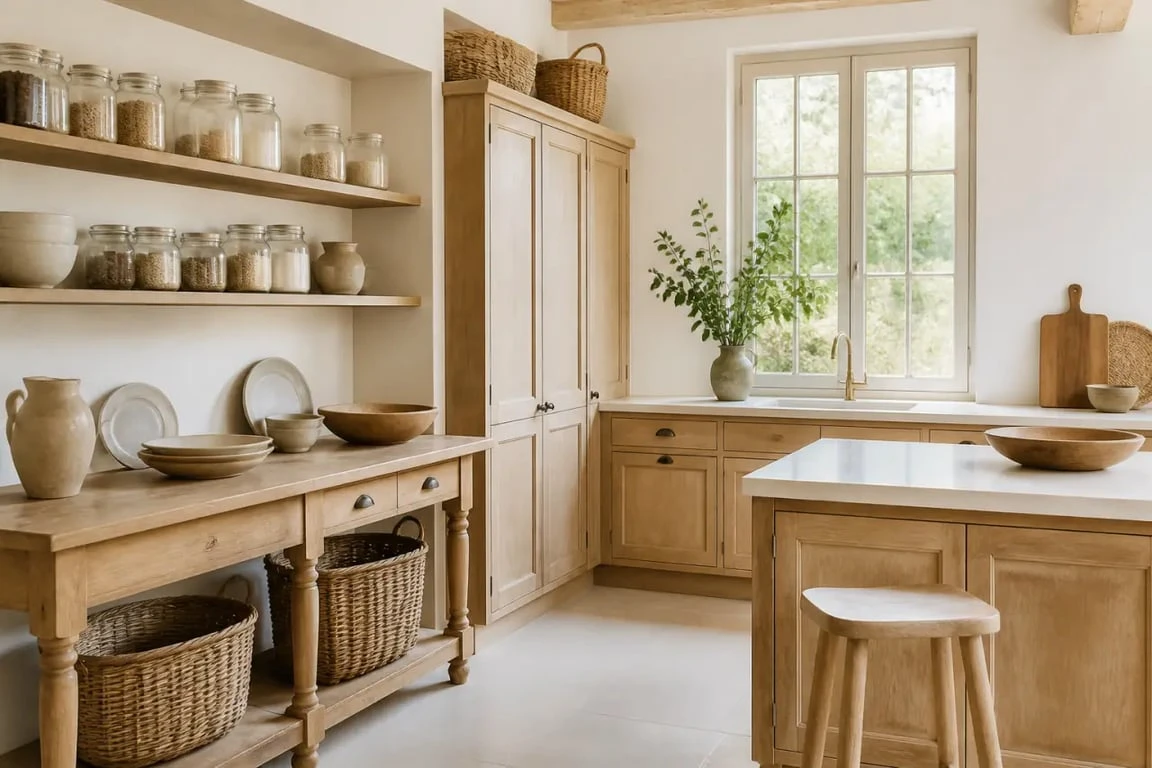 Cuisine deco chaleureuse rustique-champêtre avec bois, bocaux et osier