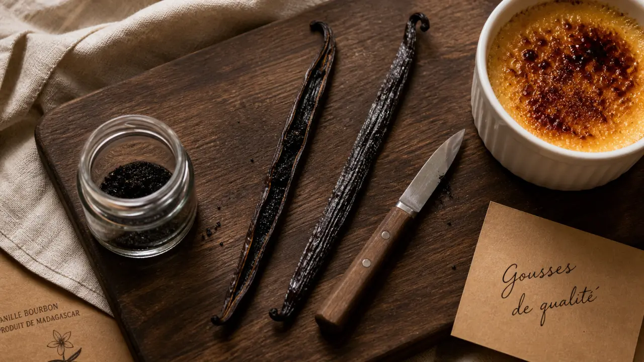 Gousse de vanille fendue et grains, bocal et crème brûlée