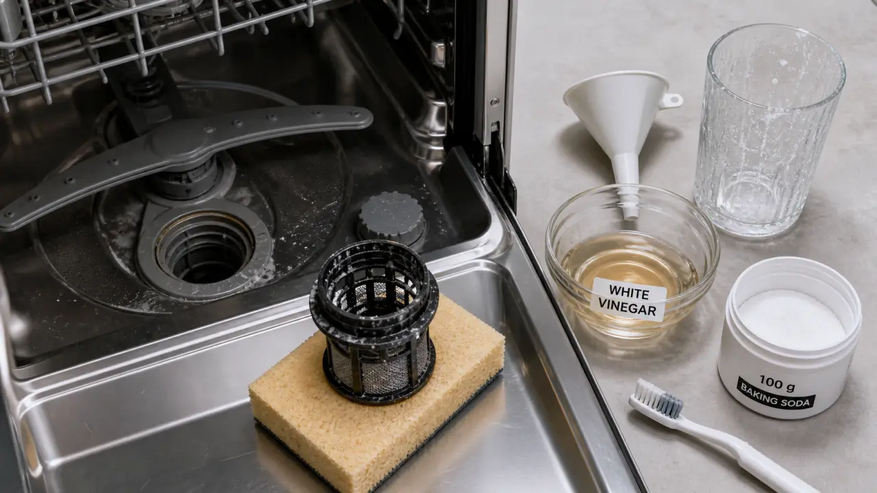 Nettoyer lave vaisselle : filtre, cuve et vinaigre pour enlever le tartre