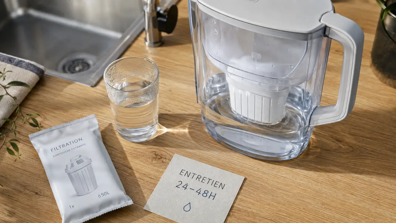Avis carafe filtrante : cartouche et verre d’eau, moins de chlore