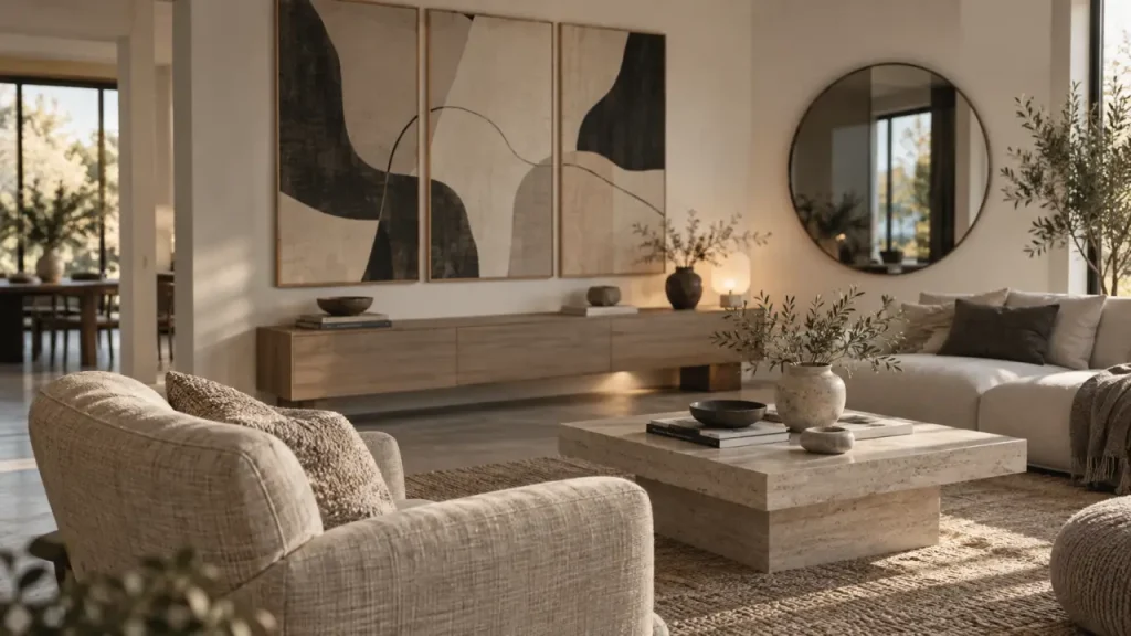 La décoration murale du salon gagne en style avec un grand format, un miroir et plus d’espace