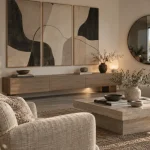 Decoration murale salon tendance : grand triptyque et miroir rond