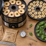 Deshydrateur alimentaire avec plateaux : pommes, bananes et basilic
