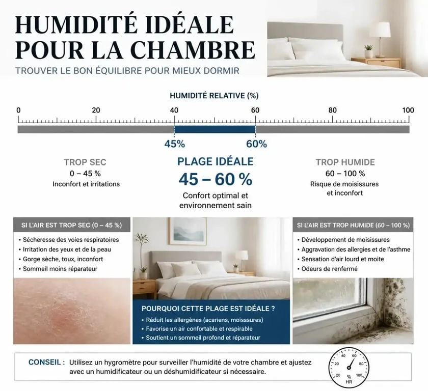 Infographie sur le taux d'humidité idéal dans une chambre pour un déshumidificateur