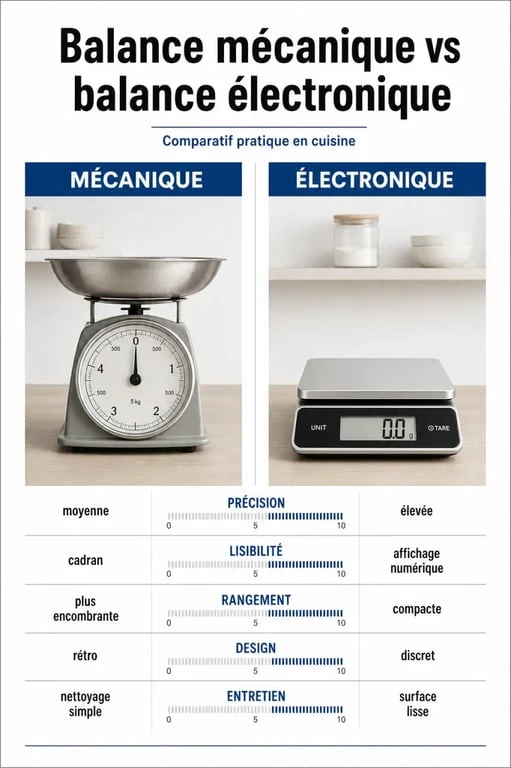 Balance cuisine : comparaison entre balance mécanique et balance électronique dans une cuisine moderne
