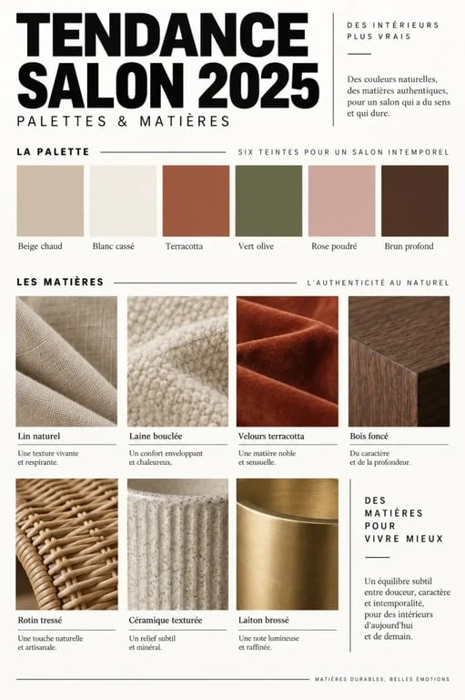 Palette de couleurs et matières pour une tendance déco 2025 salon