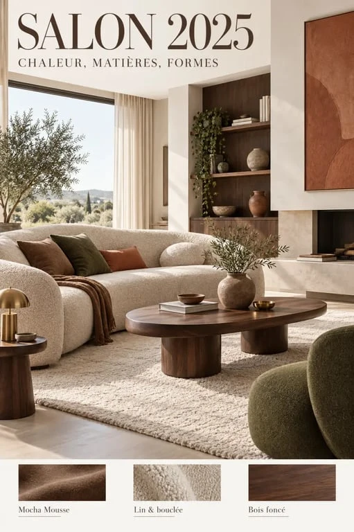 Tendance déco 2025 salon chaleureux aux formes arrondies et aux matières naturelles