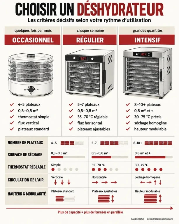 Infographie des critères pour choisir un déshydrateur alimentaire
