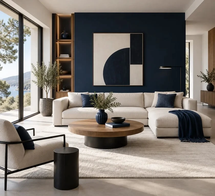 Idée peinture salon moderne avec mur d’accent bleu nuit et canapé clair