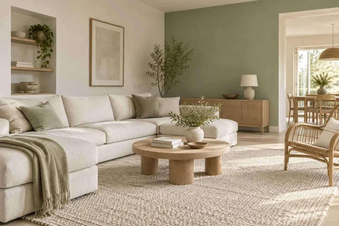 Idée peinture salon lumineuse avec blanc cassé, vert amande et bois clair
