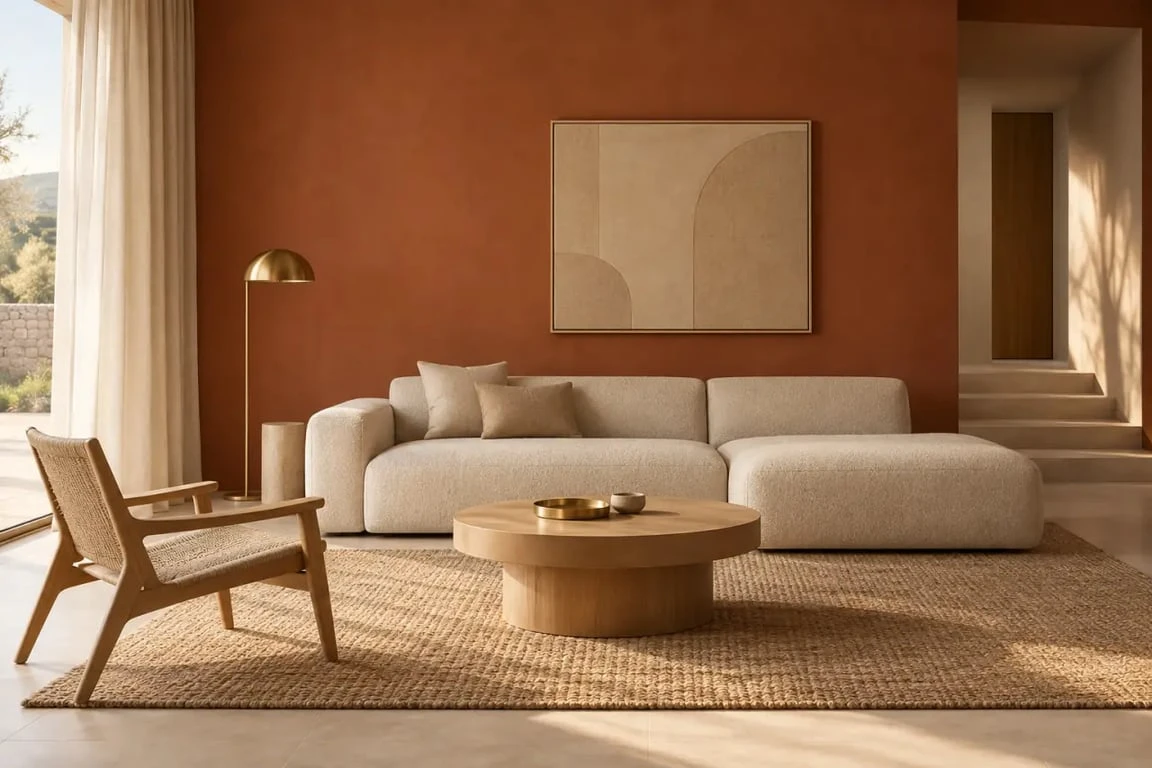 Idée peinture salon chaleureuse avec mur terracotta, canapé beige et bois naturel