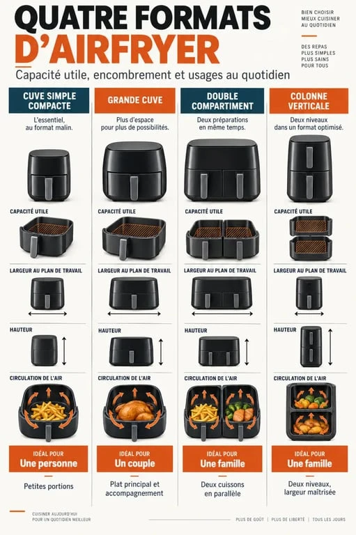 Infographie comparative airfryer des formats, capacités et encombrements