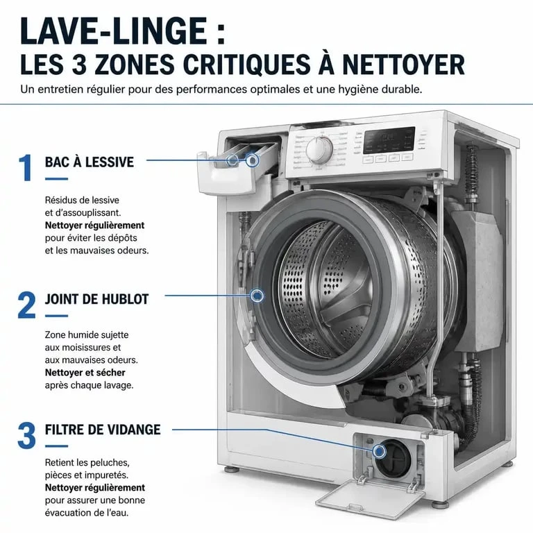 Schéma des zones à nettoyer pour une machine à laver qui sent mauvais