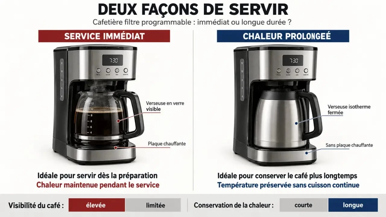 Comparaison des verseuses en verre et isotherme pour une cafetière filtre programmable