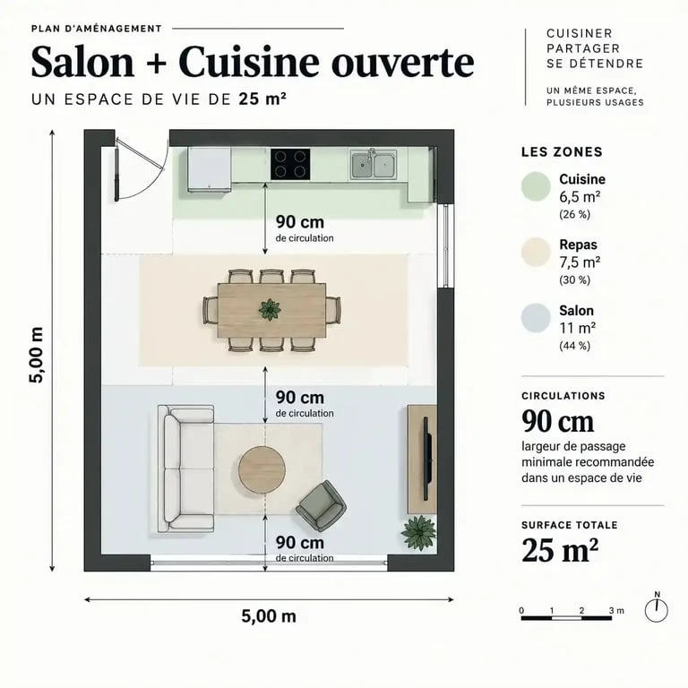 Plan salon cuisine ouverte 25m2 avec zones délimitées et circulation