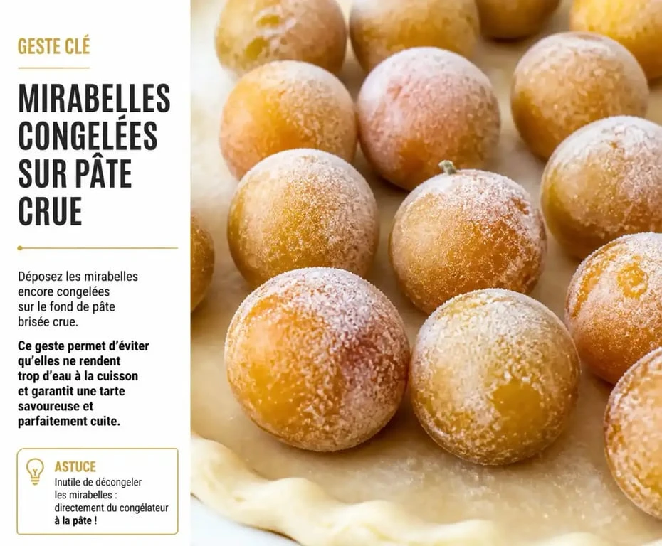 Mirabelles congelées disposées sur la pâte à tarte sans décongélation