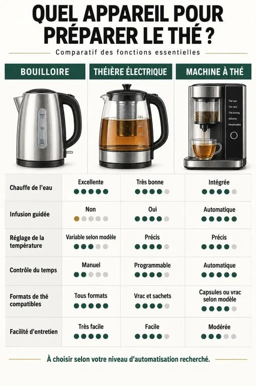 Infographie comparative d'une machine pour le thé, d'une théière électrique et d'une bouilloire
