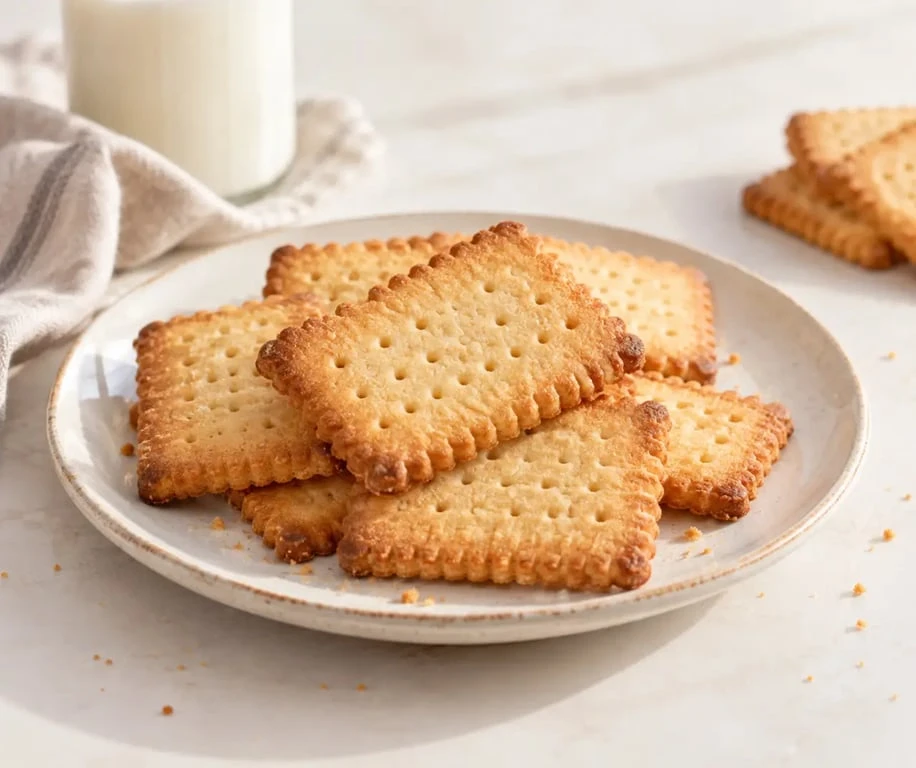 Recette petit beurre maison, biscuits dorés servis sur une assiette