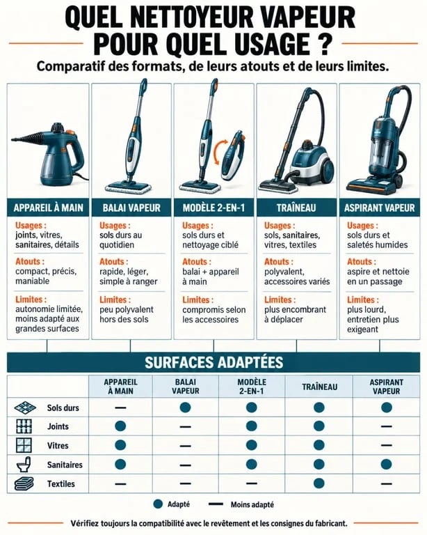 Infographie pour comparer les nettoyeurs vapeur selon les types d'appareils et les surfaces