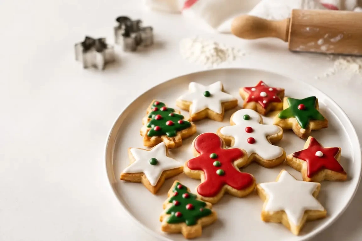 Sablés de Noël décorés en forme d'étoiles, de sapins et de bonshommes