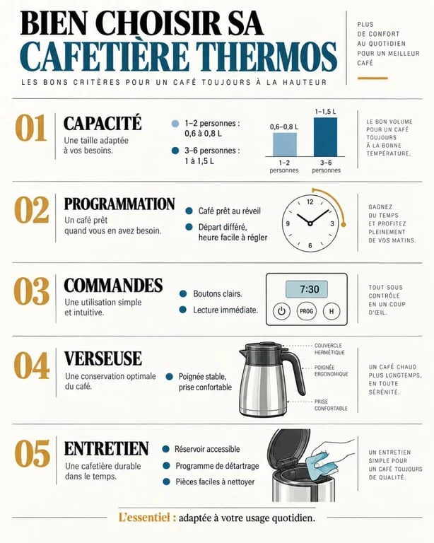Infographie des critères pour choisir une cafetière thermos