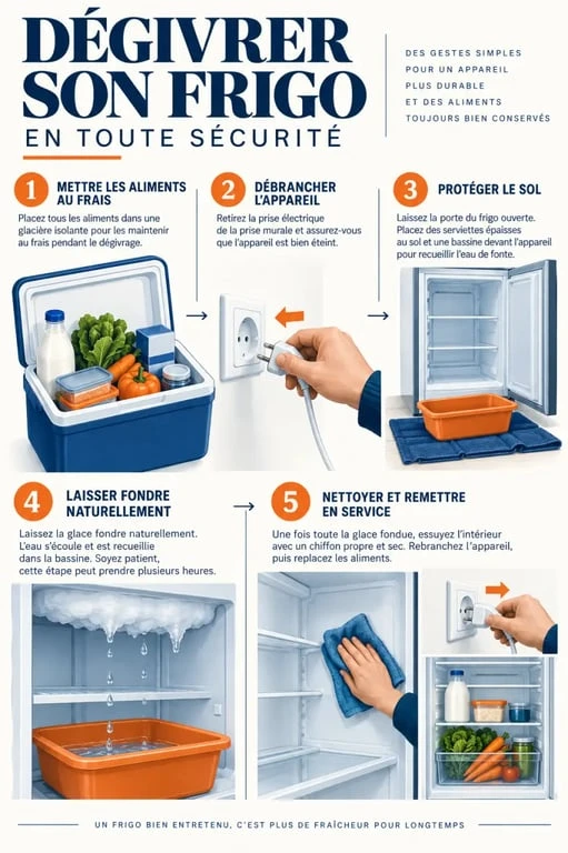 Illustration des étapes pour dégivrer un frigo en toute sécurité