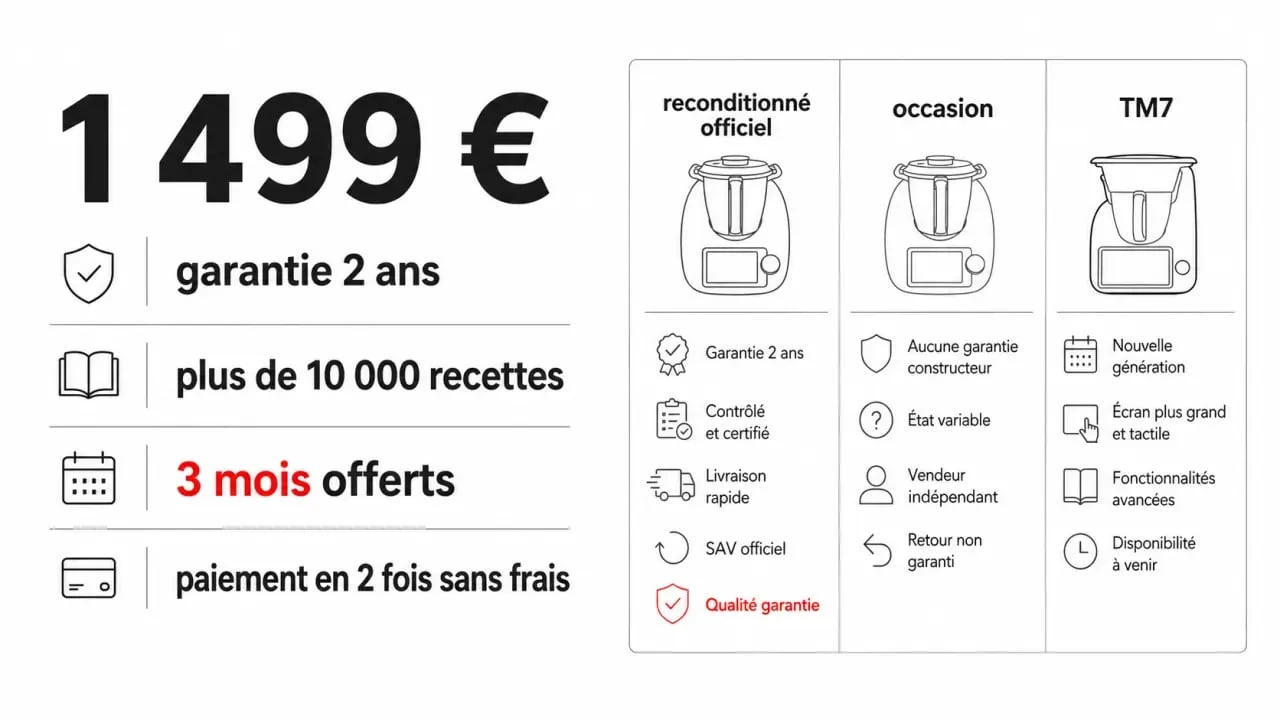 Thermomix TM6 : comparaison visuelle entre reconditionné officiel, occasion et TM7 avec prix, garantie et Cookidoo