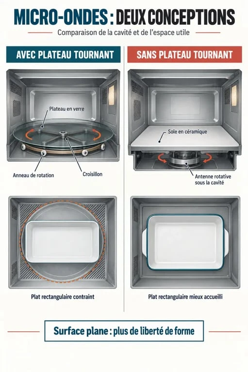 Infographie micro onde sans plateau tournant avis : fonctionnement et comparaison avec un modèle à plateau