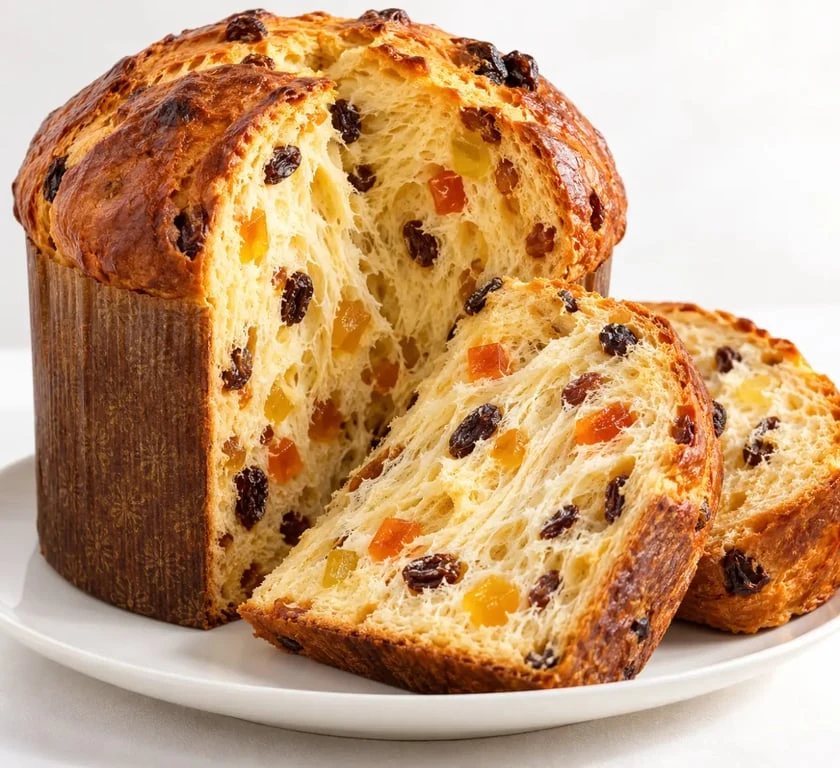 Recette panettone maison doré à la mie filante avec raisins secs et fruits confits