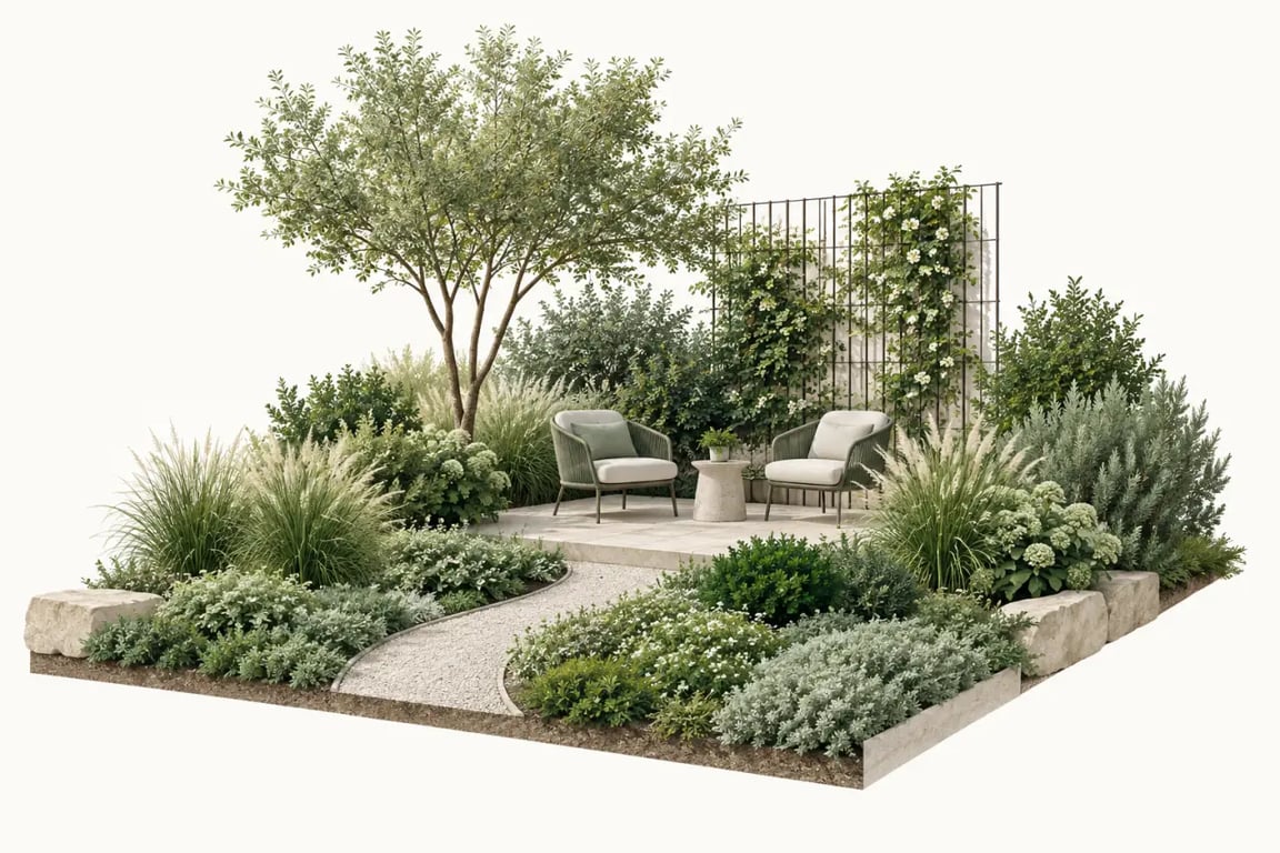 Espace de détente naturel dans son jardin avec plantations en strates et intimité végétale