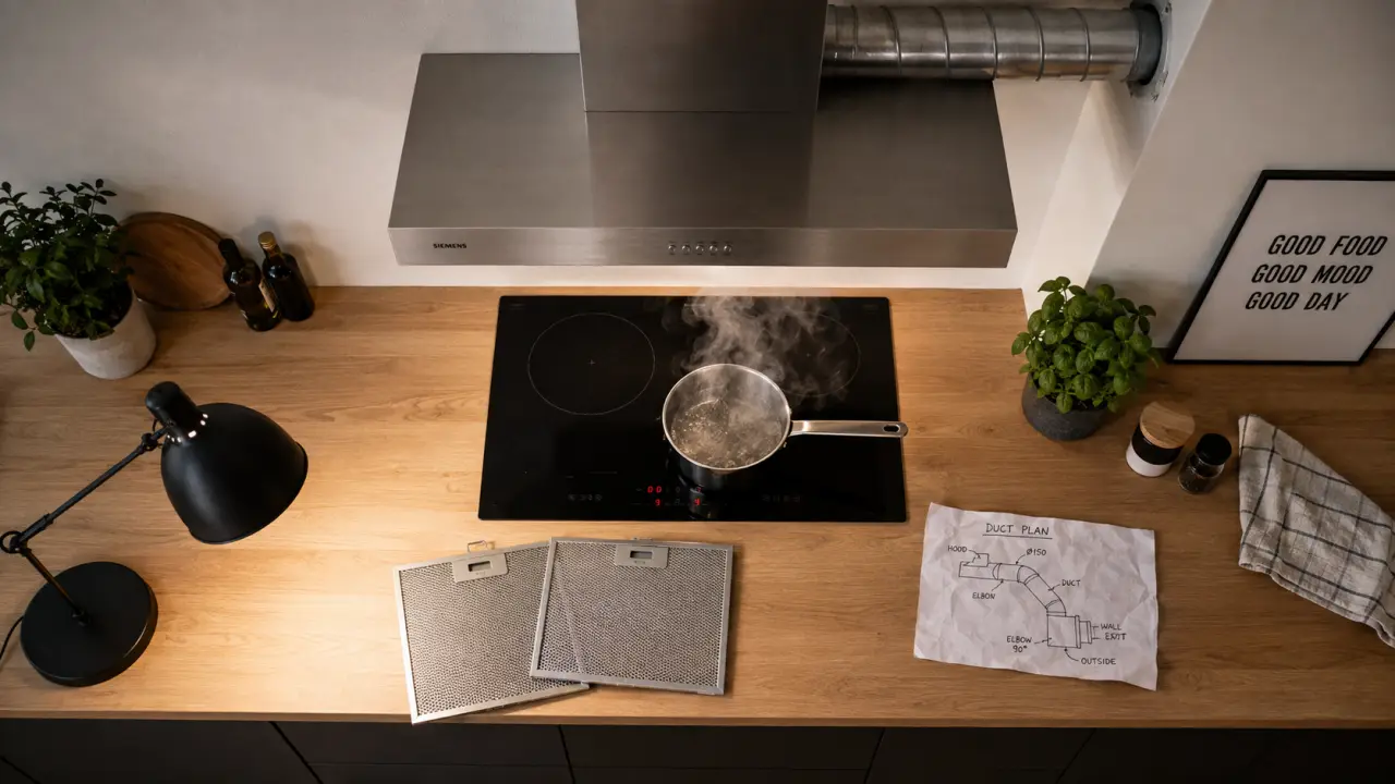 Hotte de cuisine au-dessus de la plaque, conduit et filtres, vue de dessus