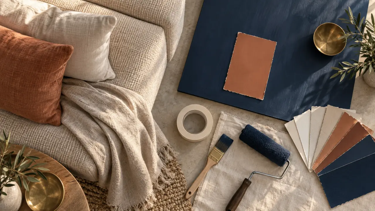 Idée peinture salon : mur d’accent bleu nuit sur mur du salon
