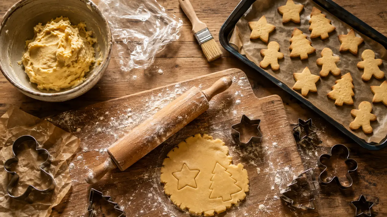Sablés de noel sur table en bois, farine et emporte-pièces